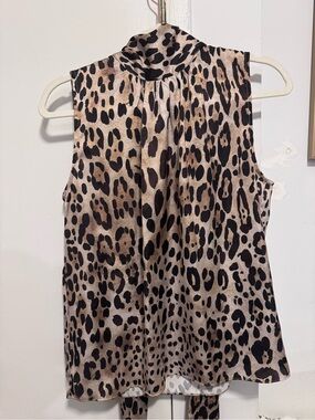 Misa Los Angeles Leopard Print Sleeveless Mock Neck Top - Beige & Black